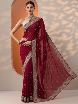 Libas - Maroon Ethnic Zari Embroidered Saree with Unstitched Blouse