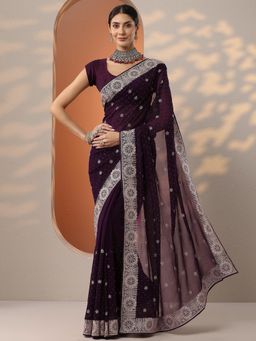 Libas - Purple Ethnic Zari Embroidered Saree with Unstitched Blouse