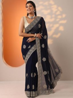 Libas - Navy Blue Zari Embroidered Saree with Unstitched Blouse