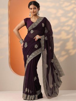 Libas - Purple Zari Embroidered Saree with Unstitched Blouse