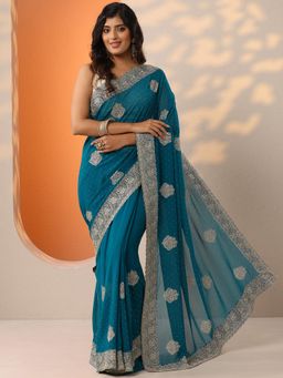 Libas - Blue Zari Embroidered Saree with Unstitched Blouse