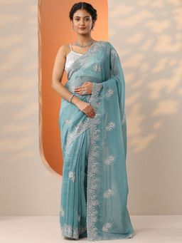 Libas - Blue Zari Embroidered Saree with Unstitched Blouse