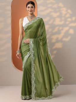 Libas - Green Beads Embellished Embroidered Saree with Unstitched Blouse