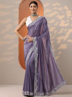 Libas - Lavender Beads Embellished Embroidered Saree with Unstitched Blouse