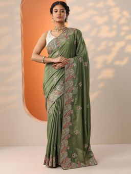 Libas - Green Paisley Embroidered Saree with Unstitched Blouse