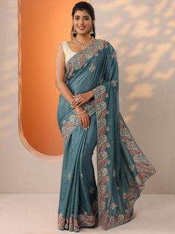 Libas - Blue Paisley Embroidered Saree with Unstitched Blouse