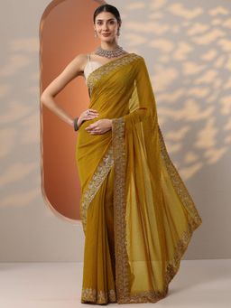 Libas - Mustard Embellished Embroidered Saree with Unstitched Blouse
