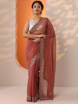 Libas - Mauve Beads Embellished Saree with Unstitched Blouse