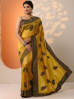Libas - Yellow Beads Embellished Saree with Unstitched Blouse