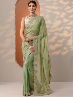 Libas - Green Embellished Embroidered Saree with Unstitched Blouse