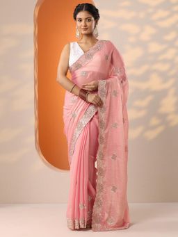 Libas - Pink Floral Beads Embellished Saree with Unstitched Blouse