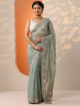 Libas - Blue Floral Beads Embellished Saree with Unstitched Blouse