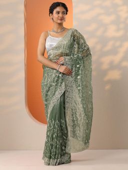 Libas - Green Paisley Embellished Saree with Unstitched Blouse