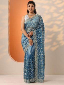 Libas - Blue Paisley Embellished Saree with Unstitched Blouse