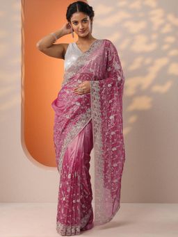 Libas - Pink Paisley Embellished Saree with Unstitched Blouse