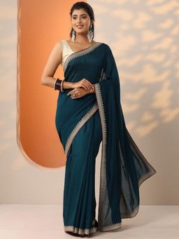 Libas - Teal Embellished Saree with Unstitched Blouse