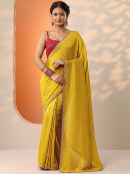 Libas - Yellow Solid Embellished Saree with Unstitched Blouse
