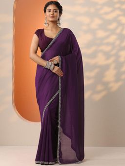 Libas - Purple Solid Embellished Saree with Unstitched Blouse