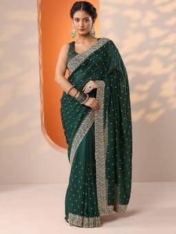 Libas - Green Embellished Saree with Unstitched Blouse
