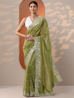 Libas - Green Embellished Embroidered Saree with Unstitched Blouse