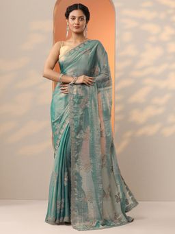 Libas - Teal Floral Embroidered Saree with Unstitched Blouse