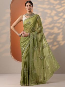 Libas - Green Floral Embroidered Saree with Unstitched Blouse