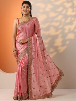 Libas - Pink Floral Embroidered Saree with Unstitched Blouse