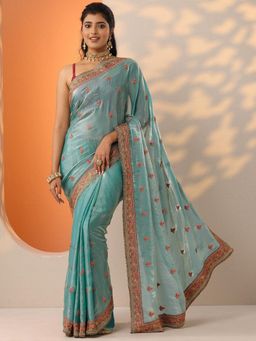 Libas - Blue Floral Embroidered Saree with Unstitched Blouse