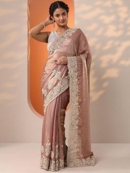 Libas - Mauve Beads Embellished Saree with Unstitched Blouse