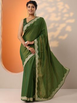 Libas - Green Solid Embellished Saree with Unstitched Blouse