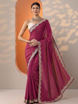 Libas - Pink Solid Embellished Border Saree with Unstitched Blouse