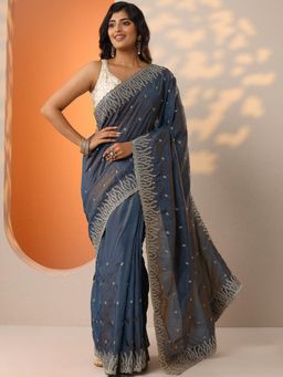 Libas - Navy Blue Zari Embellished Saree with Unstitched Blouse
