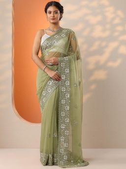 Libas - Green Embroidered Embellished Saree with Unstitched Blouse