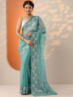 Libas - Blue Embroidered Embellished Saree with Unstitched Blouse