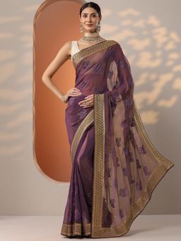 Libas - Purple Floral Embroidered Saree with Unstitched Blouse