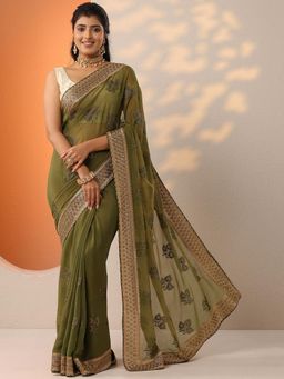 Libas - Green Embellised Embroidered Saree with Unstitched Blouse