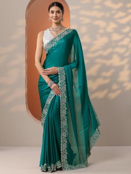Libas - Teal Floral Embroidered Border Saree with Unstitched Blouse