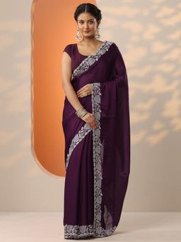 Libas - Purple Solid Embroidered Saree with Unstitched Blouse