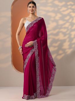 Libas - Pink Solid Floral Embroidered Saree with Unstitched Blouse