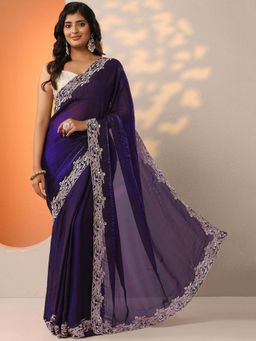 Libas - Purple Solid Embroidered Saree with Unstitched Blouse