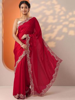 Libas - Red Solid Embroidered Saree with Unstitched Blouse