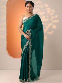 Libas - Green Solid Embroidered Saree with Unstitched Blouse