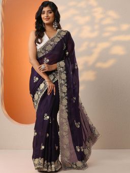 Libas - Purple Zari Embroidered Saree with Unstitched Blouse