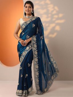 Libas - Navy Blue Zari Embroidered Saree with Unstitched Blouse