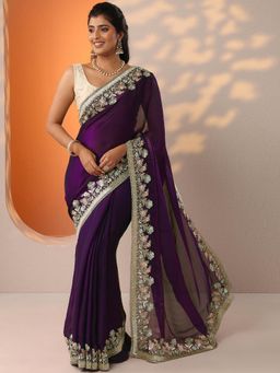 Libas - Purple Solid Embroidered Saree with Unstitched Blouse