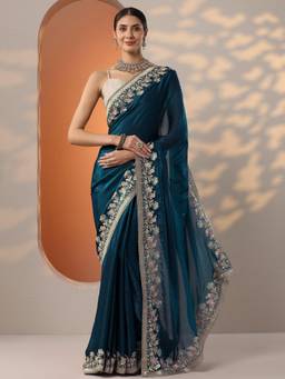 Libas - Blue Embroidered Border Saree with Unstitched Blouse