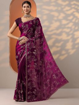 Libas - Purple Embroidered Saree with Unstitched Blouse