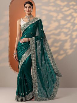 Libas - Green Embroidered Saree with Unstitched Blouse