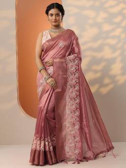 Libas - Pink Embroidered Zari Saree with Unstitched Blouse
