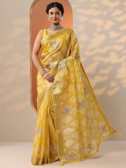 Libas - Yellow Bandhani Printed Gota Work Saree with Unstitched Blouse